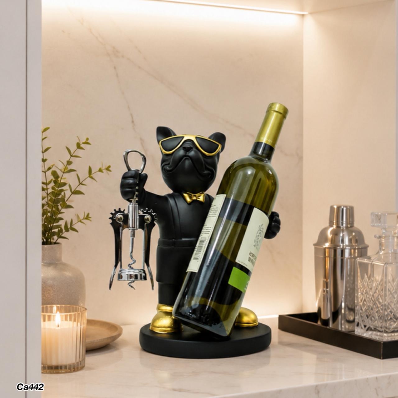 Articulo decorativo porta vino perro negro parado 21cm* 13cm* 28,5cm